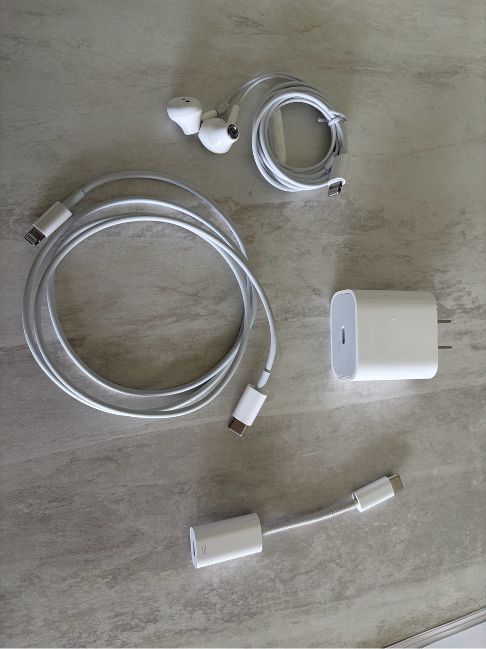 iPod accessories: USB-C to lightning Charging Cable, Earbuds, Adapter, & Brick